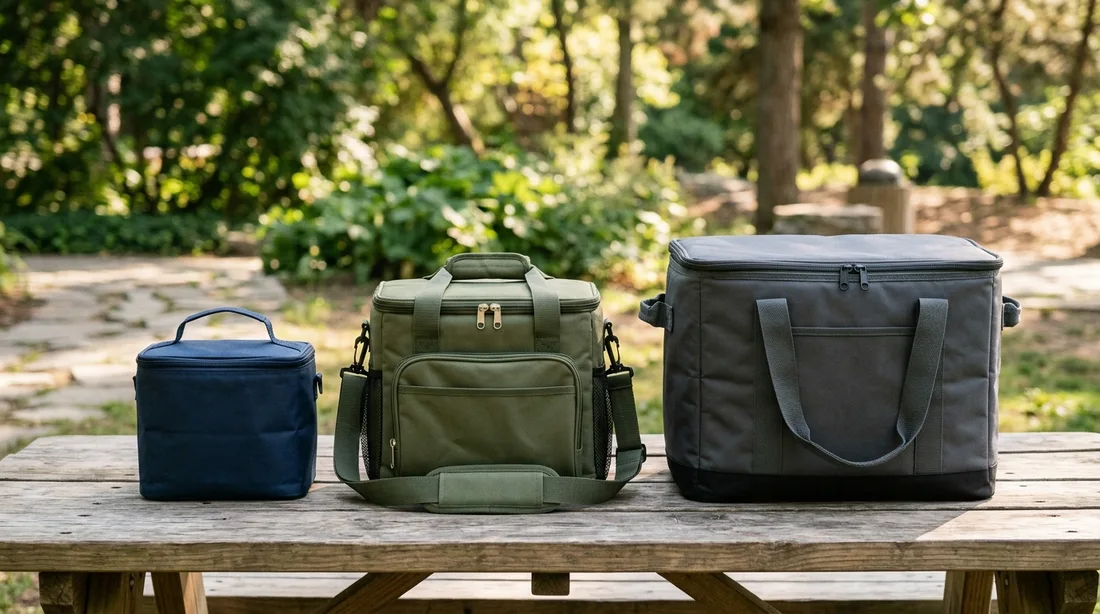 Drei Kühltaschen unterschiedlicher Größe nebeneinander, von der kleinen Lunchtasche bis zur großen Tasche für den Wocheneinkauf