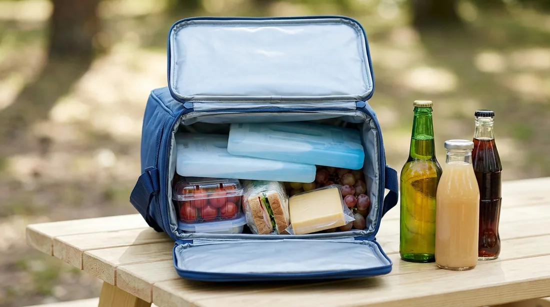 Geöffnete Kühltasche mit vier Kühlakkus über Lebensmitteln, daneben Getränkeflaschen