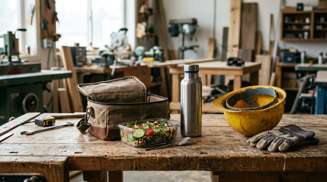 Lunchtasche mit Mittagessen und Trinkflasche auf einer Werkbank neben einem Schutzhelm