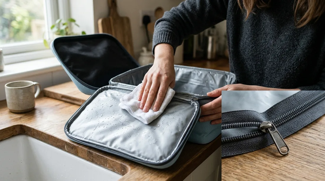 Geöffnete Kühltasche mit Tuch beim Auswischen des Innenfutters, daneben ein Reißverschluss in Nahaufnahme